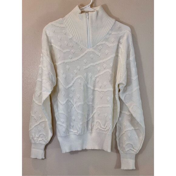 Vintage Nils 80's Cable Knit Wool Blend 1/4 Zip Up Off White Sweater Women's L - Picture 1 of 9